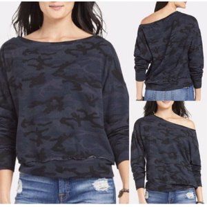 Sundry XL 4 Blue Black Camo Print Off Shoulder Cozy Pullover Sweatshirt Oversize